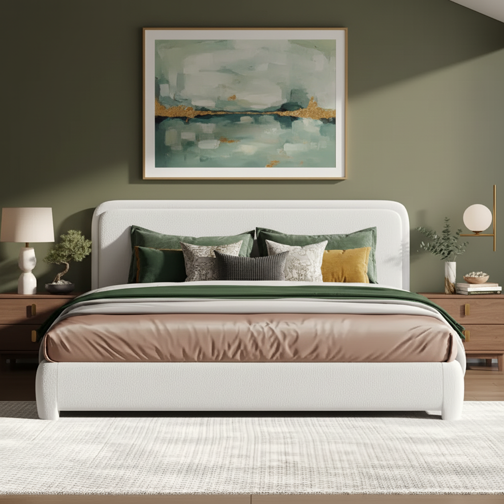 Modern Bouclé Upholstered Bed Frame with Rounded Headboard – King Size