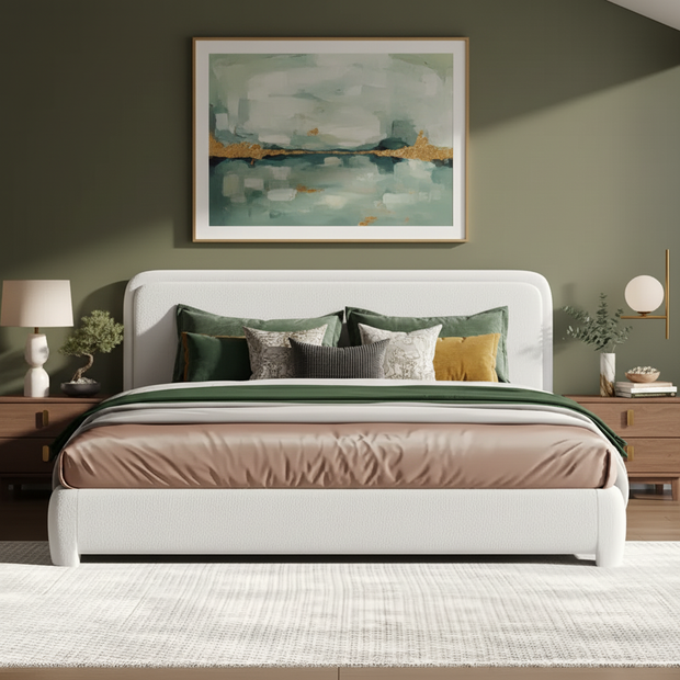 Modern Bouclé Upholstered Bed Frame with Rounded Headboard – King Size