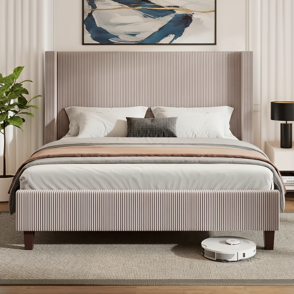 King Size Wingback Corduroy Upholstered Bed Frame