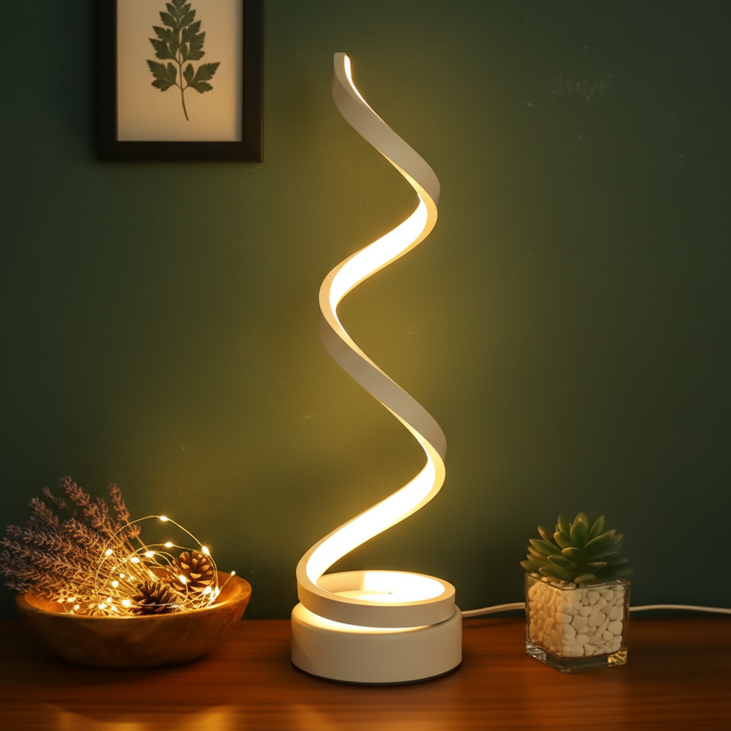 Modern Spiral LED Desk Lamp – 3-Color Dimmable Touch Lamp with USB-C