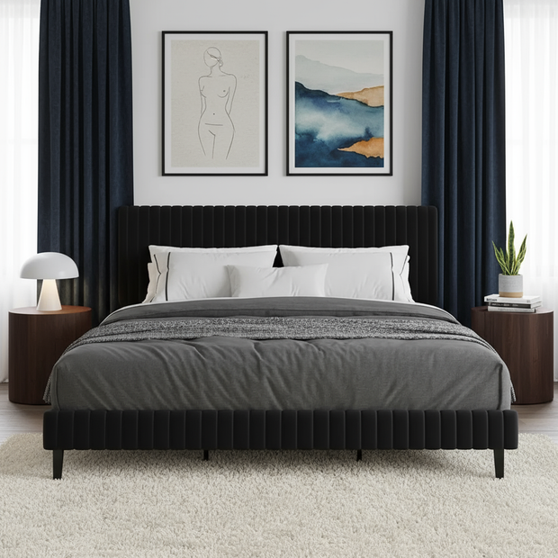 Modern Velvet Upholstered Bed with Adjustable Headboard – King Size
