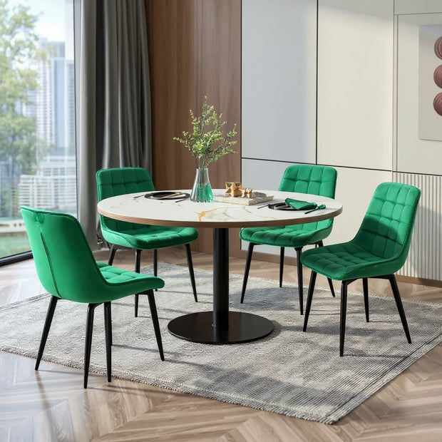 Set of 4 Modern Upholstered Dining Chairs with Quilted Velvet Fabric and Black Metal Legs – Cream / Green