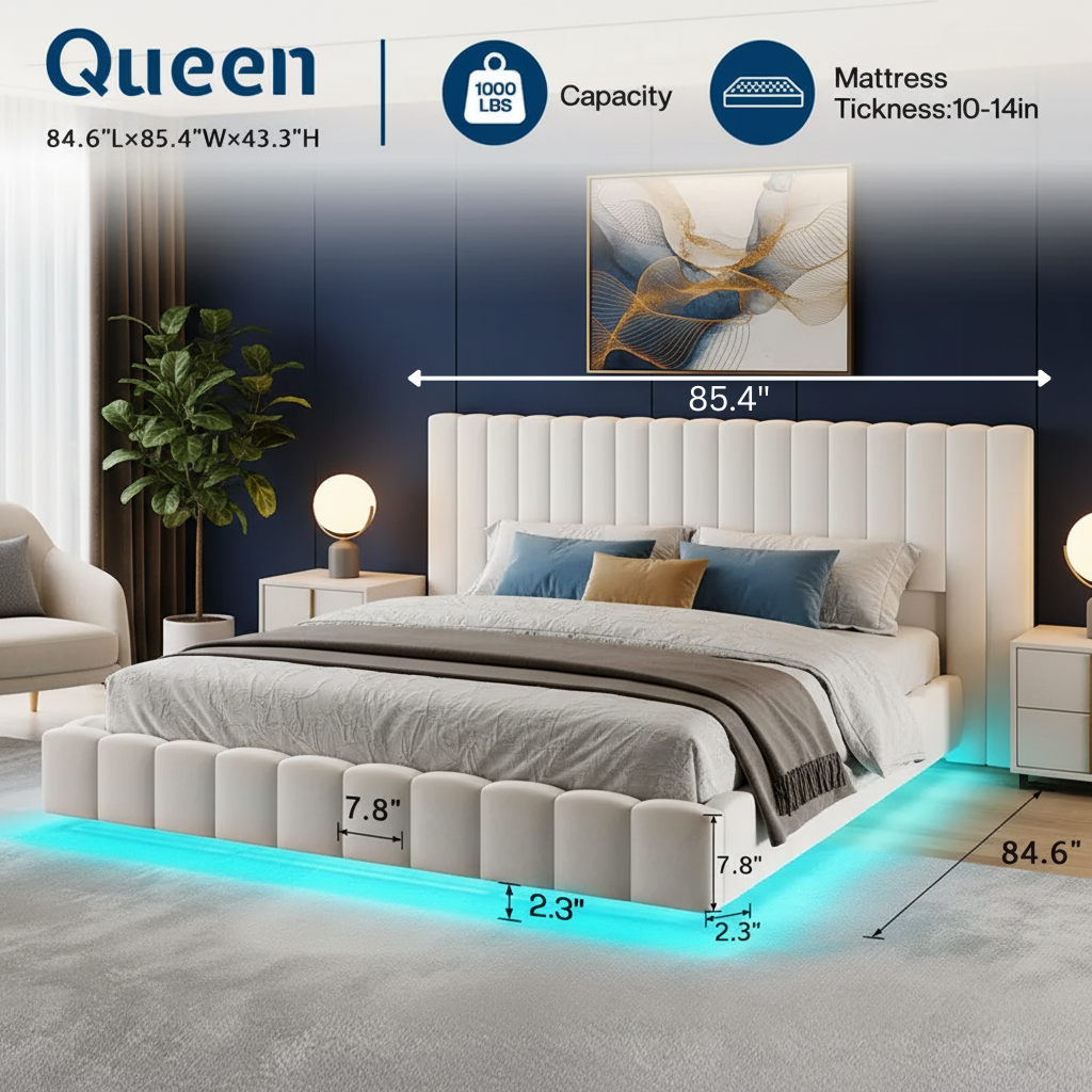 Modern Floating Upholstered Bed Frame with LED Lights