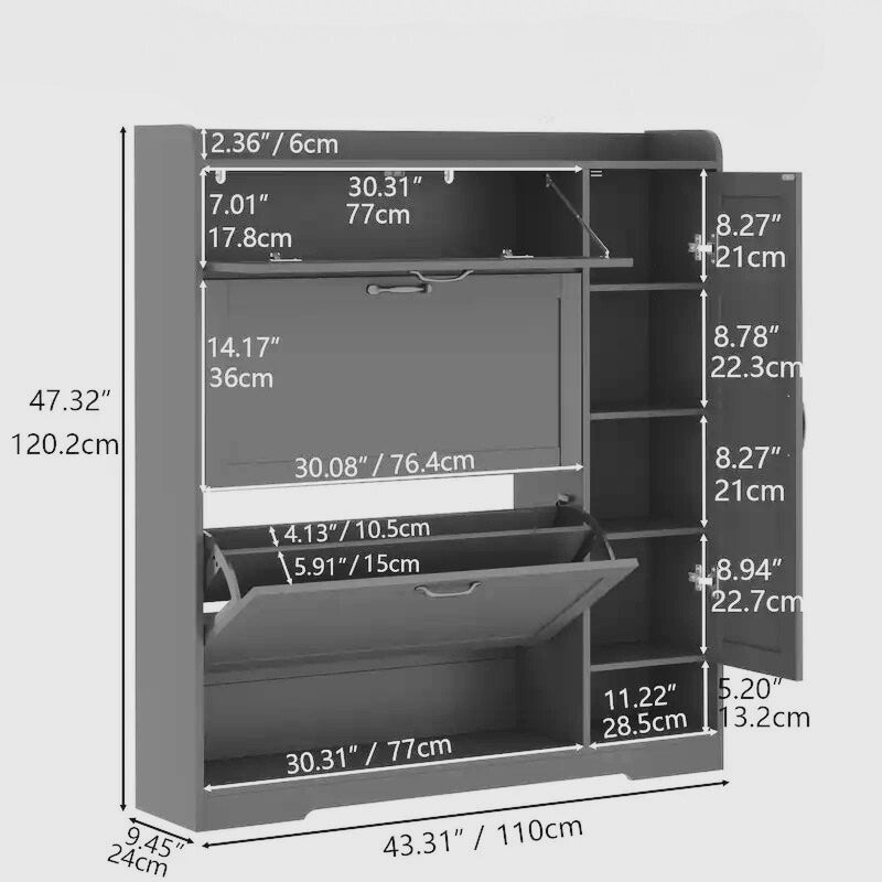 Modern Shoe Cabinet with Adjustable Shelves and 3 Tilt-Out Drawers – Black or White Finish