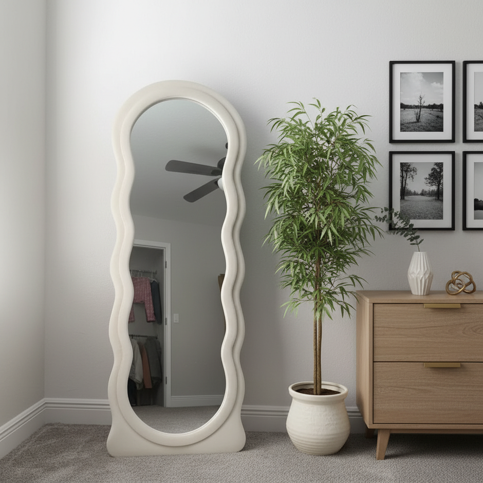 Wavy Arched Full-Length Mirror – 63"x24" Soft Upholstered Frame, Cream White