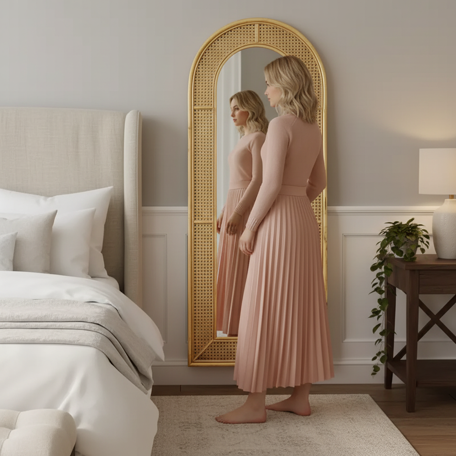 Handmade Rattan Arched Full-Length Mirror – 60