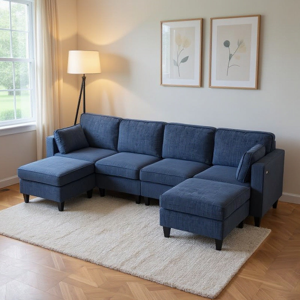 Convertible Modular Sectional Sofa with Storage & Adjustable Backrests – Cream/Blue