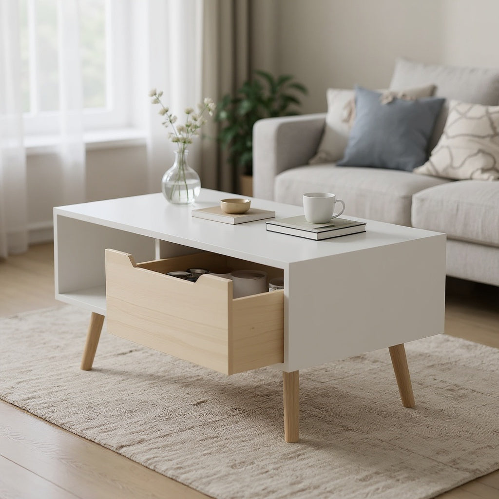 Smile Back Modern Coffee Table with Drawer and Open Shelf – 3 Color Options