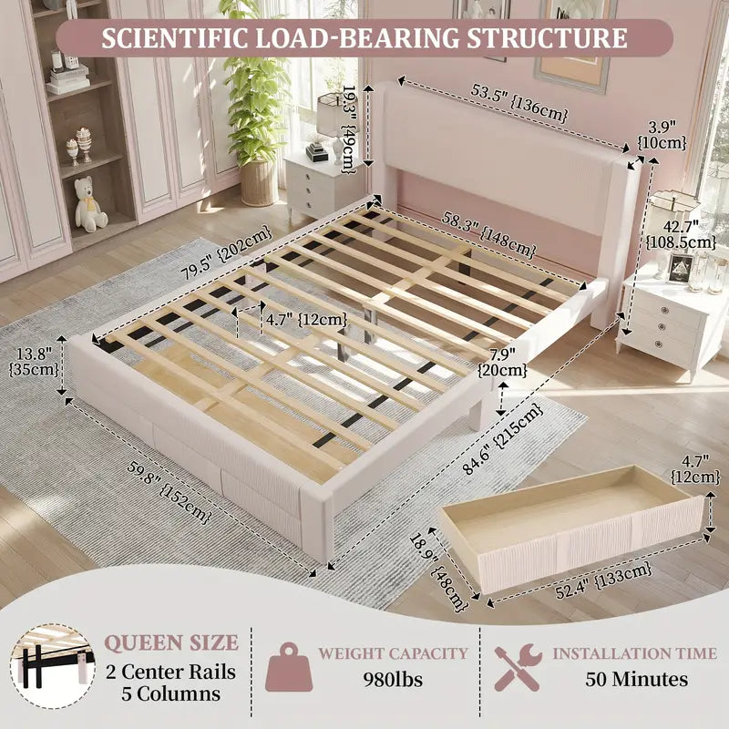 Upholstered Storage Bed Frame with Headboard – Full, Queen & King