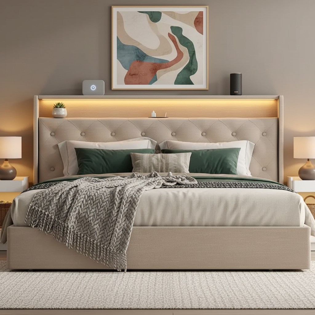 Smart Upholstered Storage Bed with LED Lights & Charging Station