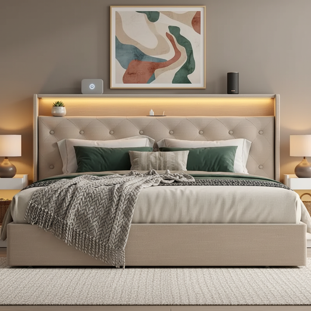 Smart Upholstered Storage Bed with LED Lights & Charging Station