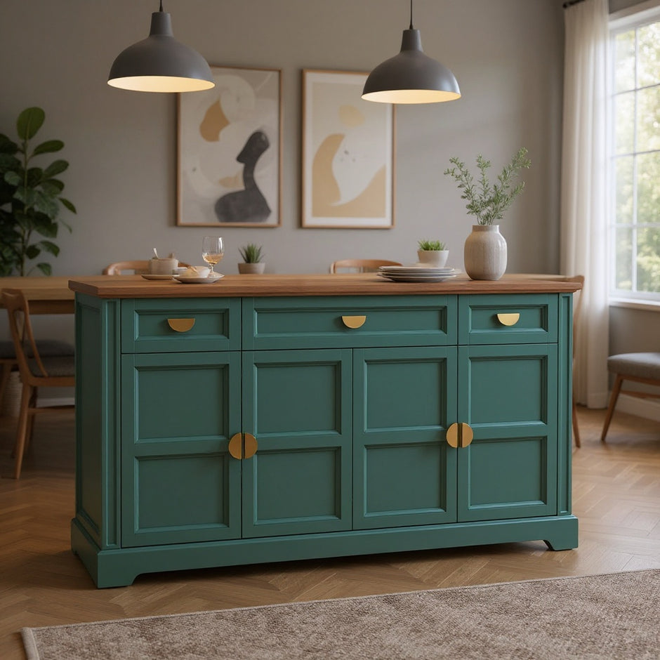 Modern Sideboard Buffet Cabinet with 3 Drawers and 4 Doors, White/Green Finish, Wooden Top Storage Cabinet for Dining Room, Kitchen, or Living Room