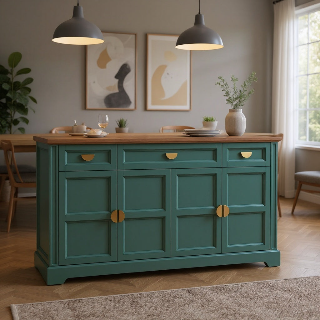 Modern Sideboard Buffet Cabinet with 3 Drawers and 4 Doors, White/Green Finish, Wooden Top Storage Cabinet for Dining Room, Kitchen, or Living Room