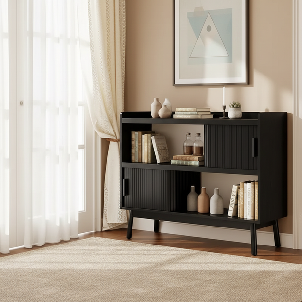 Modern Storage Cabinet with Sliding Doors – Black or Walnut