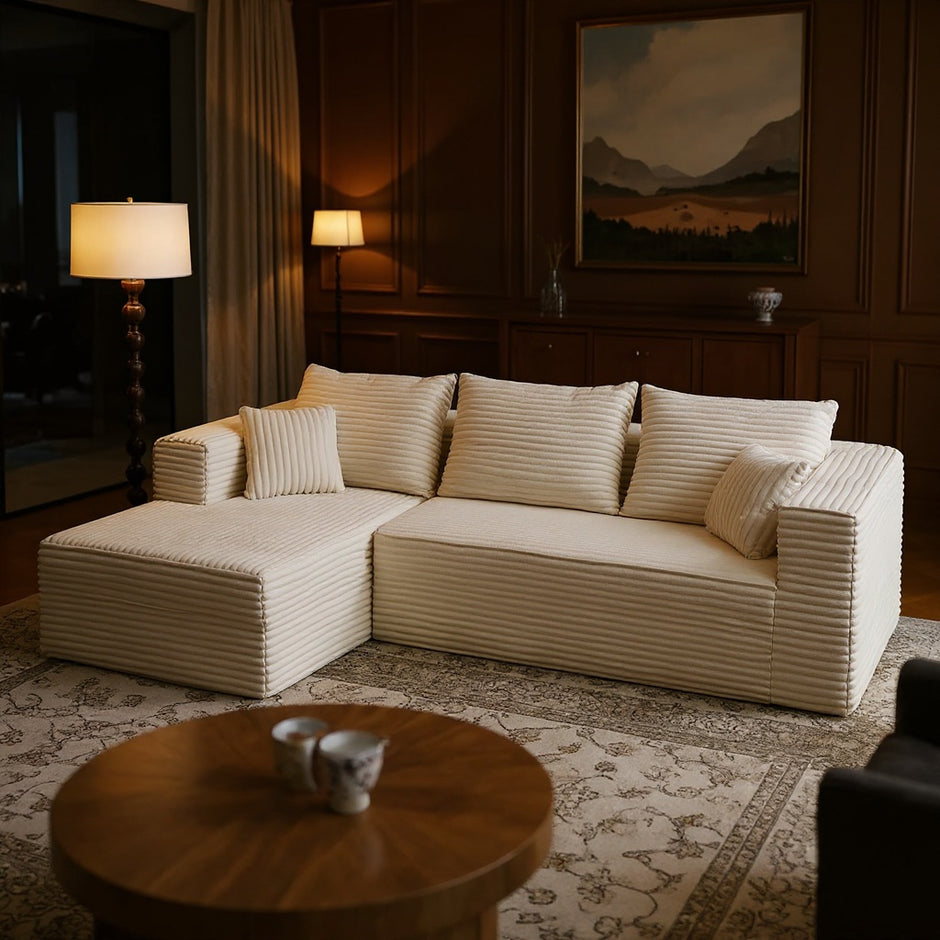 Modern Beige L-Shaped Sectional Sofa with Chaise – Corduroy Upholstery