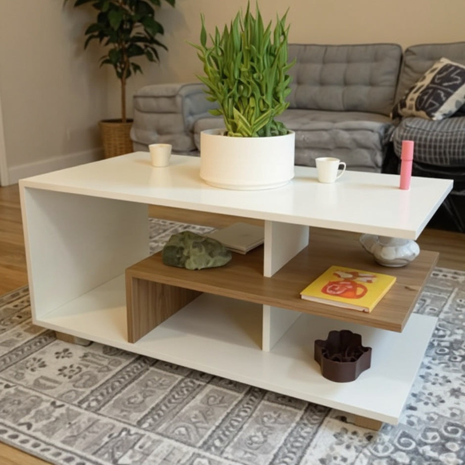 Modern White Coffee Table with Brown Shelf – Multi-Layer Storage, 35.5