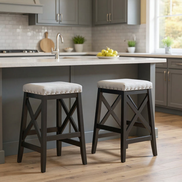 Set of 2 Upholstered Bar Stools with Nailhead Trim and Wooden Cross Back Legs – CozyVianno