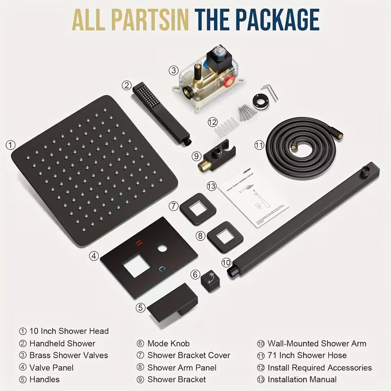 Modern Rainfall Shower System with Handheld – Wall Mounted Set, Matte Black / Brushed Nickel