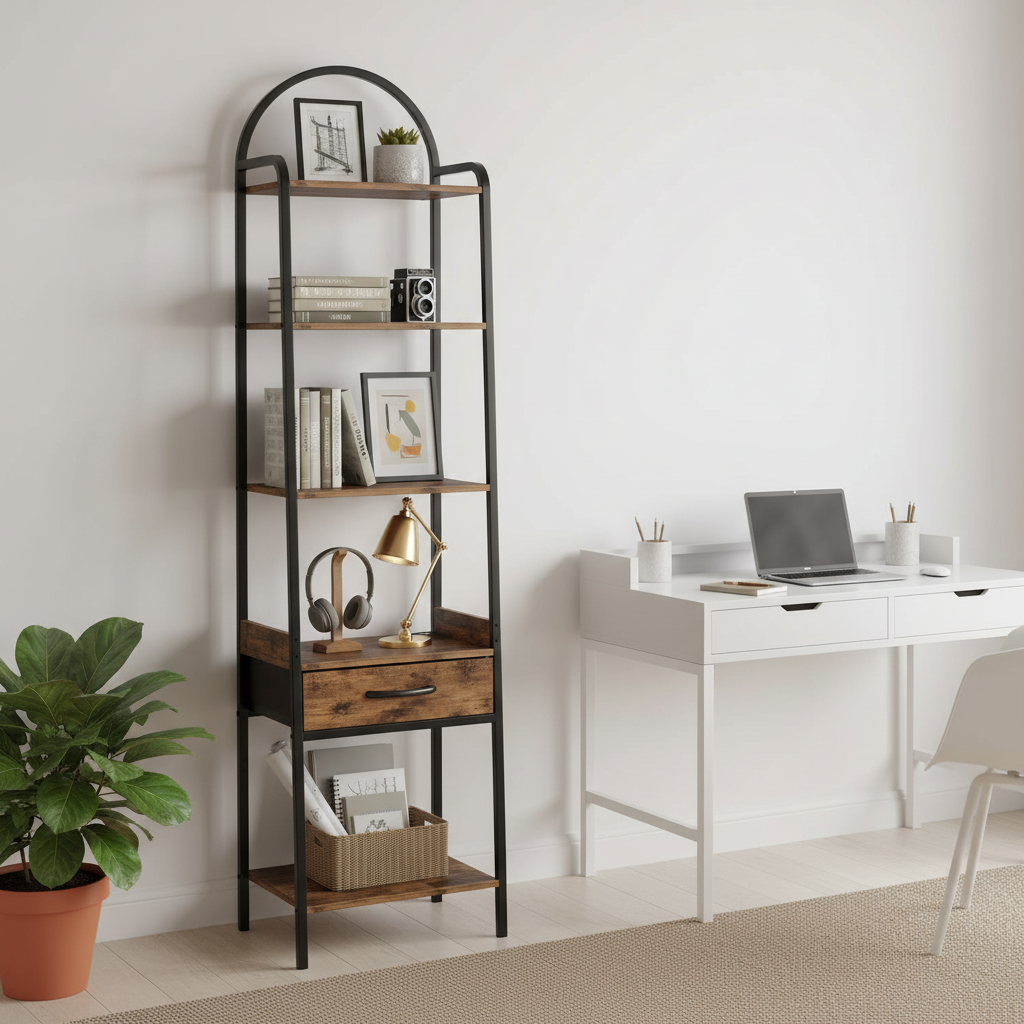 Rustic Industrial Bookshelf with Drawer and 5-Tier Storage – Arched Metal Frame, Vintage Wood Finish