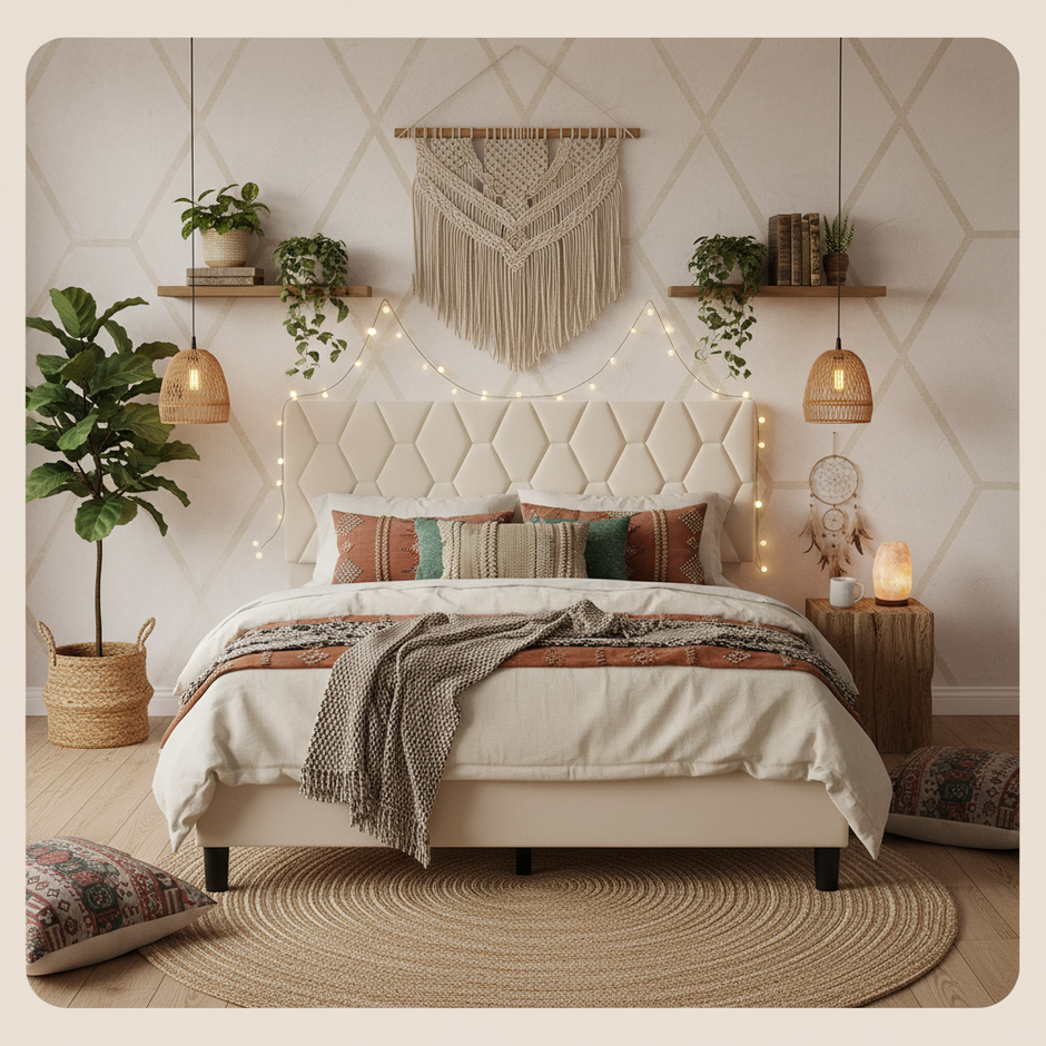 Modern Upholstered Platform Bed with Wingback Headboard