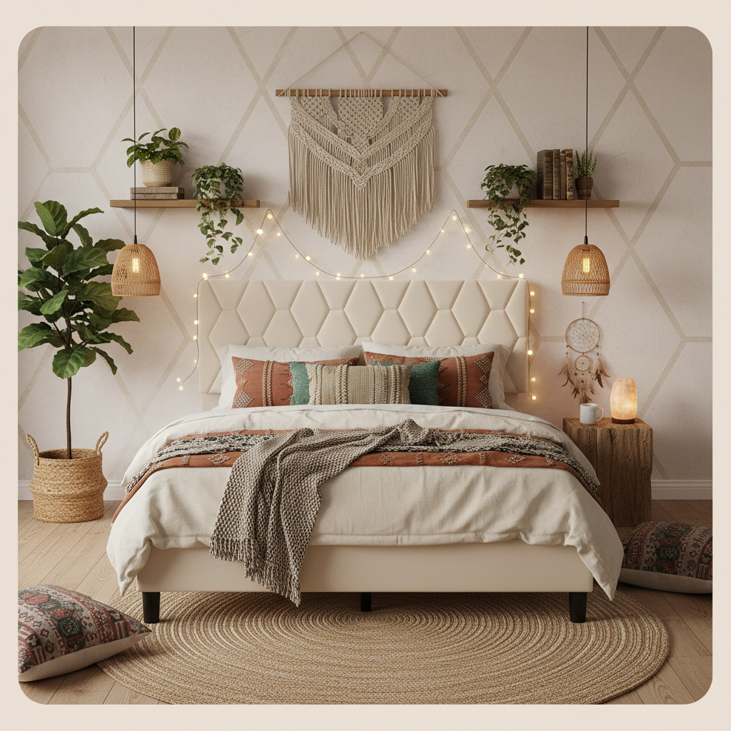 Modern Upholstered Platform Bed with Wingback Headboard