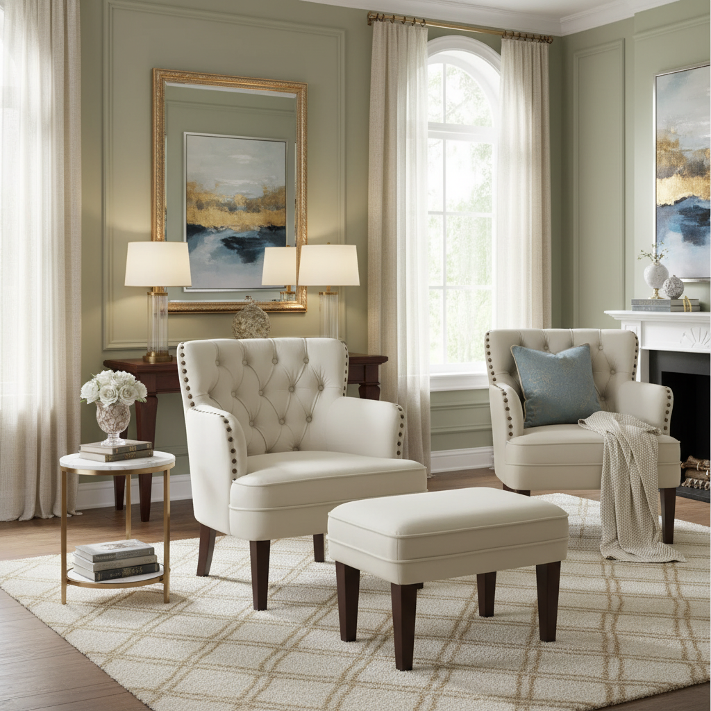 Tufted Accent Chair with Ottoman – Beige