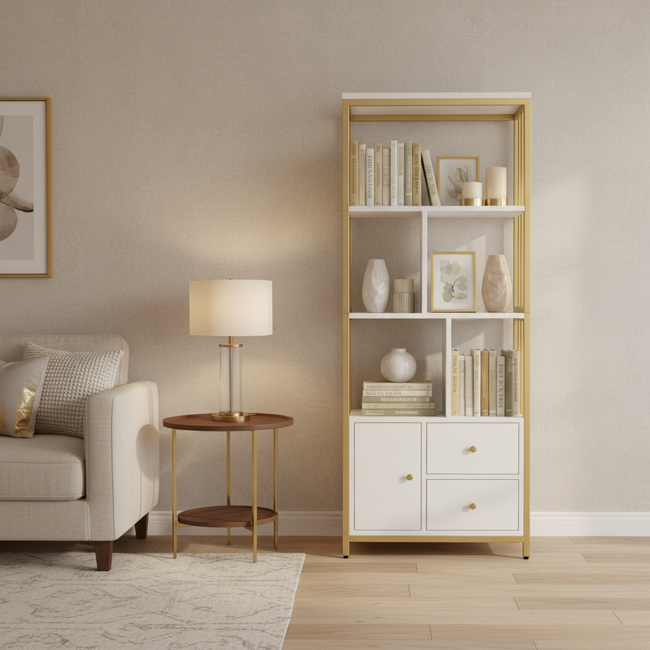 Modern Gold & White Metal Frame Bookshelf with Storage Cabinet - 63”