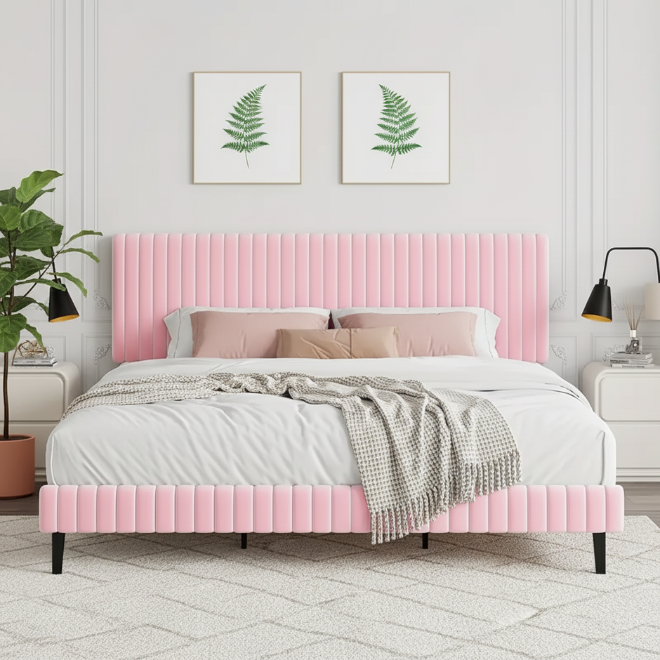Modern Velvet Upholstered Bed with Adjustable Headboard – King Size