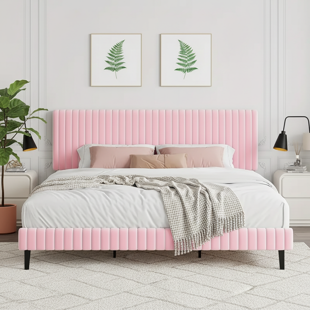 Modern Velvet Upholstered Bed with Adjustable Headboard – King Size