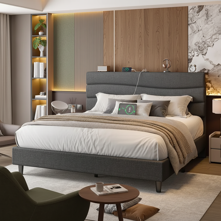 Modern Upholstered Queen Bed with Charging Station