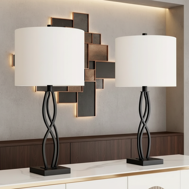 Set of 2 Black Metal Twist Table Lamps with Burlap Shade – 26" Tall