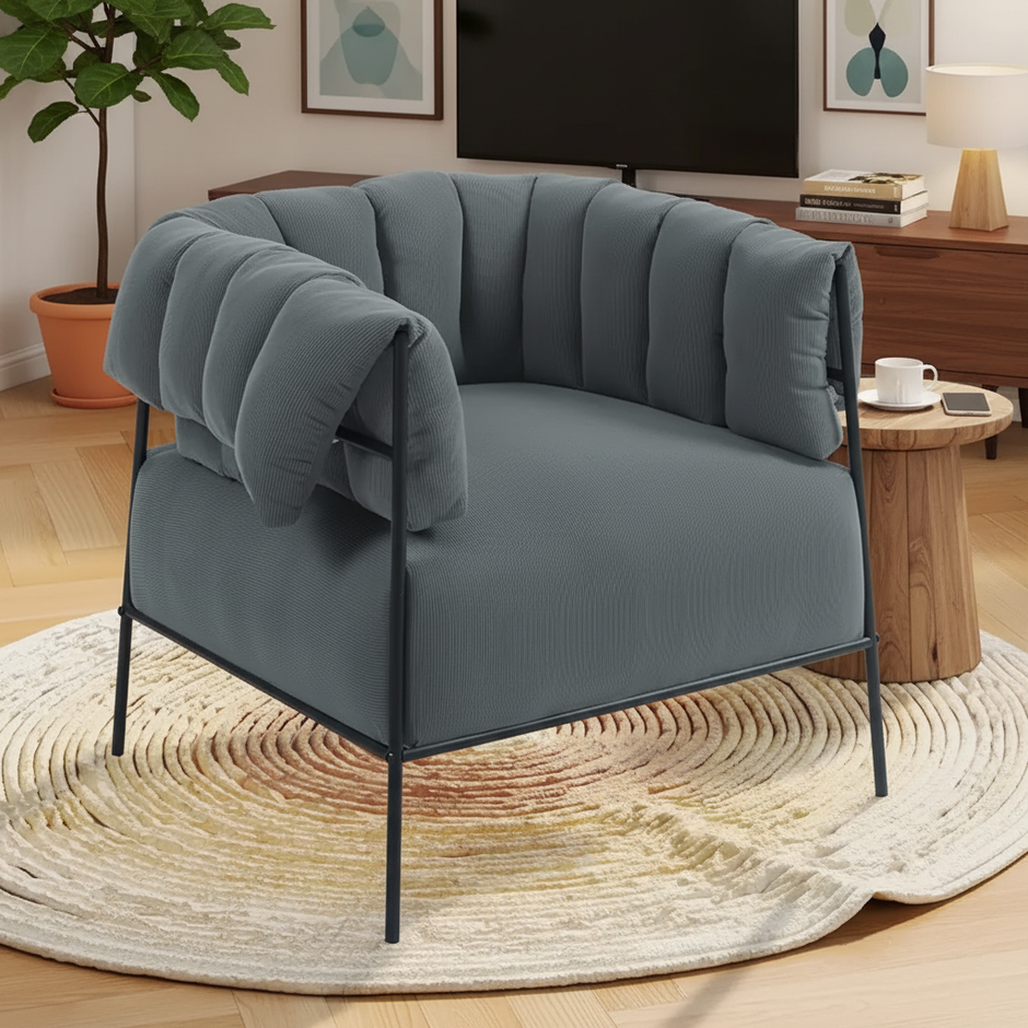 Modern Corduroy Barrel Lounge Chair – Beige / Grey