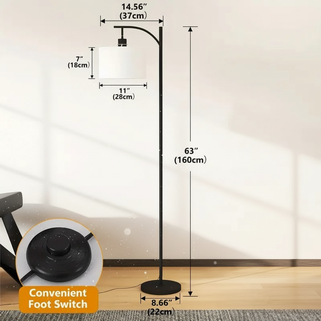 Modern Black Floor Lamp with Fabric Shade & Foot Switch