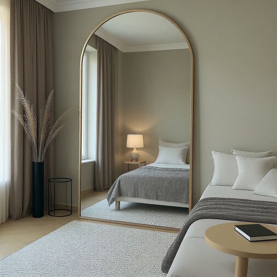Arched Full-Length Floor Mirror with Metal Frame and Stand, Sizes 78