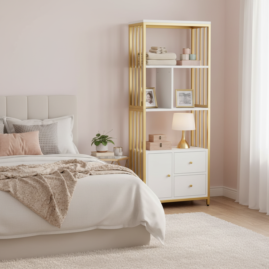 Modern Gold & White Metal Frame Bookshelf with Storage Cabinet - 63”