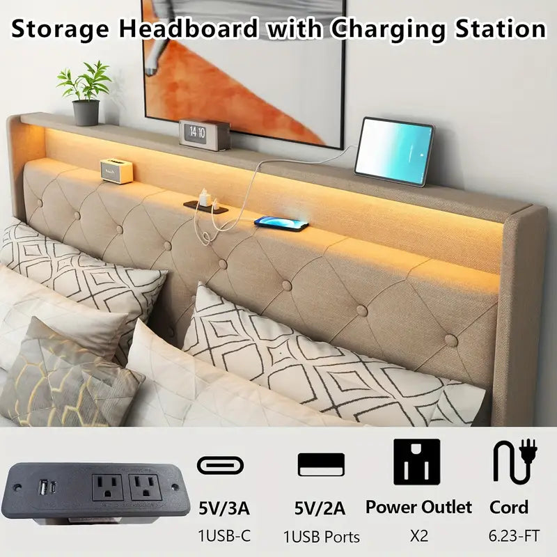 Smart Upholstered Storage Bed with LED Lights & Charging Station