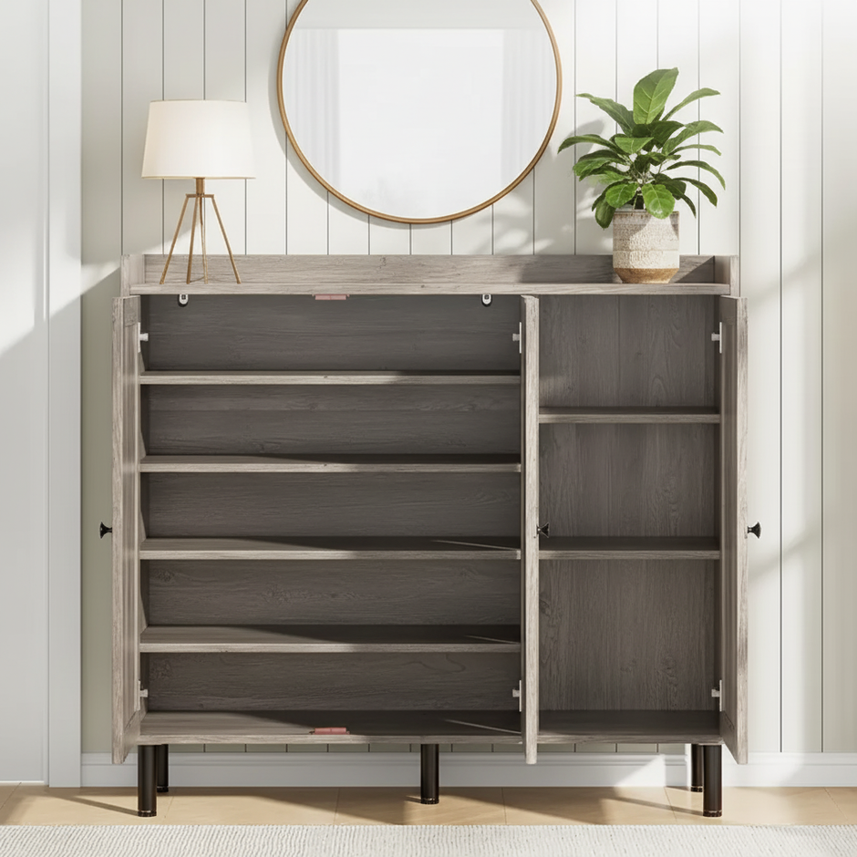 Large Rustic Gray 3-Door Shoe Cabinet with Adjustable Shelves