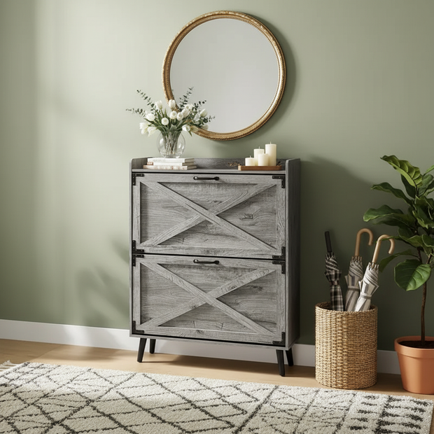 Farmhouse Shoe Cabinet with Flip Drawers – 2-Tier Storage Organizer, Rustic Style