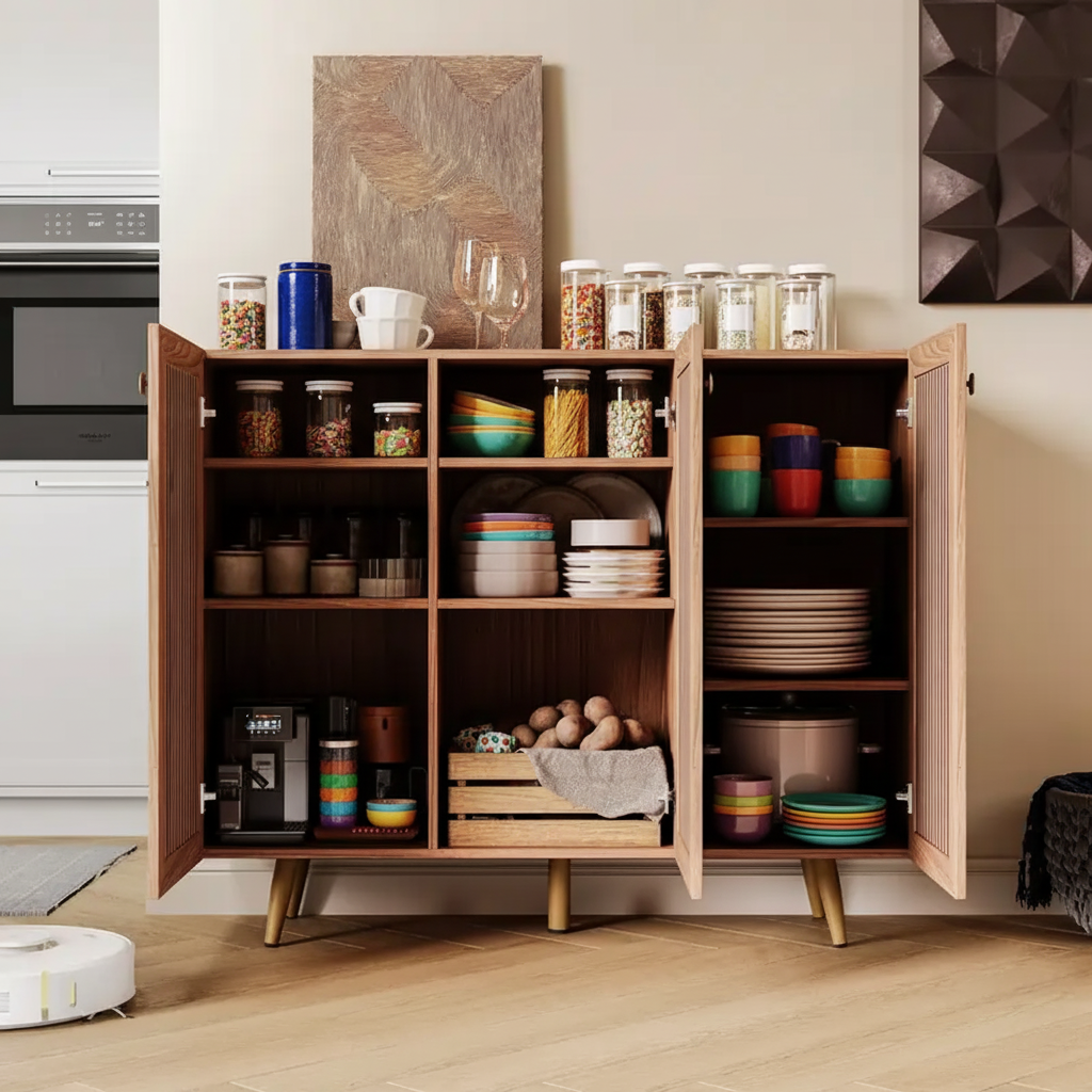 Modern 3-Door Storage Cabinet with Adjustable Shelves – Grey & Natural Oak