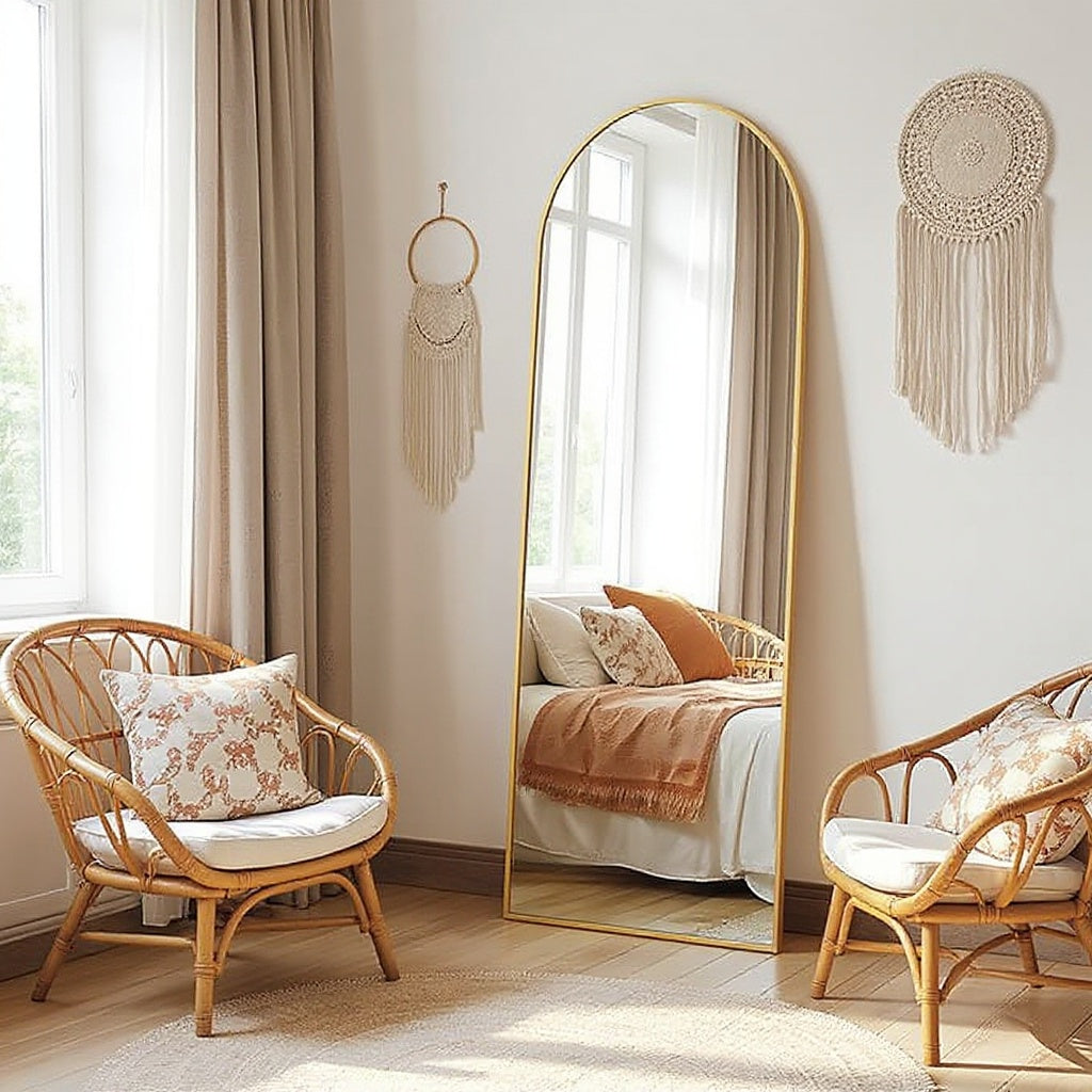 Arched Full Length Mirror – Black & Gold, Wall Mounted / Free Standing