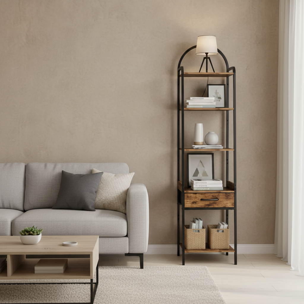 Rustic Industrial Bookshelf with Drawer and 5-Tier Storage – Arched Metal Frame, Vintage Wood Finish