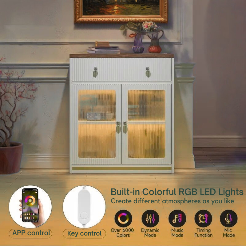 Modern White Sideboard Cabinet with Drawer & RGB LED Lights