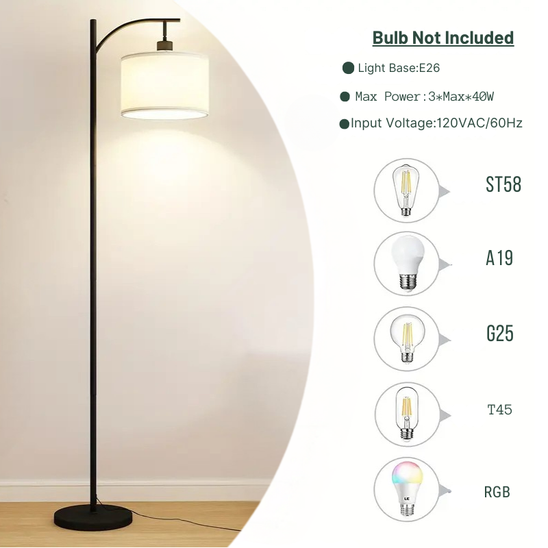 Modern Black Floor Lamp with Fabric Shade & Foot Switch