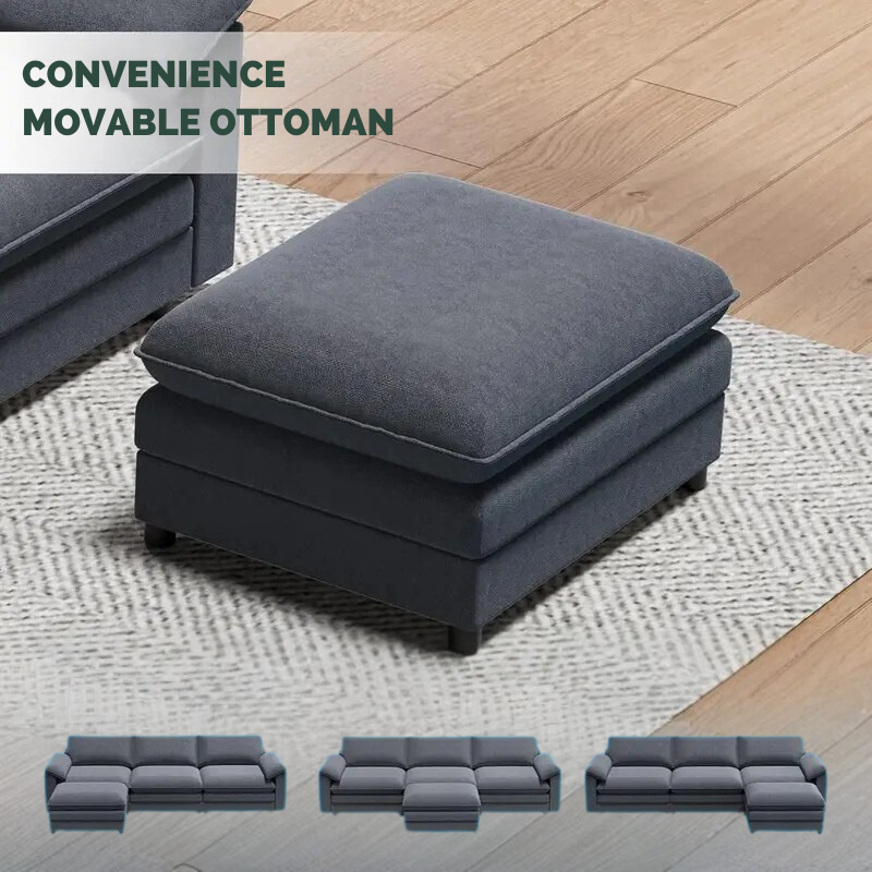 Modern Sectional Sofa with Movable Ottoman – Dark Gray Upholstered L-Shaped Couch with Storage and High Elastic Support