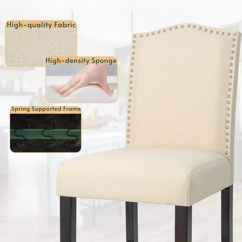 Set of 2 Upholstered Bar Chairs with High Back and Nailhead Trim – CozyVianno