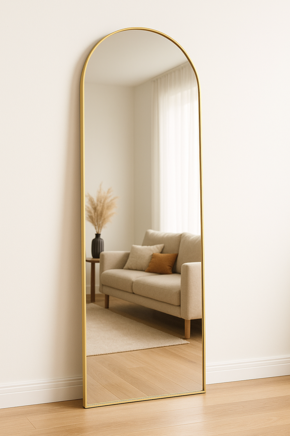 Arched Full Length Mirror 64"x21" – Black & Gold, Wall Mounted / Free Standing