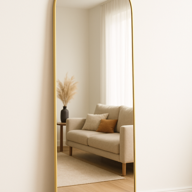 Arched Full Length Mirror 64"x21" – Black & Gold, Wall Mounted / Free Standing