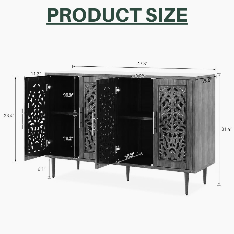 Carved Wood Sideboard with 4 Doors and Adjustable Shelves