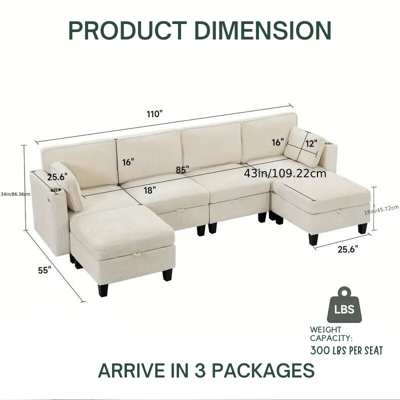 Convertible Modular Sectional Sofa with Storage & Adjustable Backrests – Cream/Blue