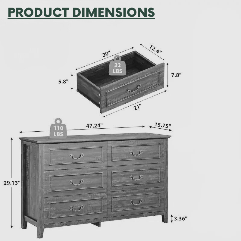 6-Drawer Wooden Dresser, Storage Cabinet with Anti-Tipping Device, Fits TV up to 55